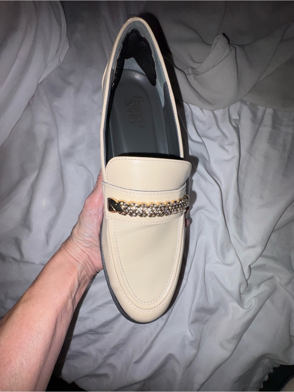 Beige Women's Slip-On Loafer with Gold Chain Accent